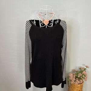 Cute black vintage y2k striped waffle knit henley thermal long sleeve grunge top